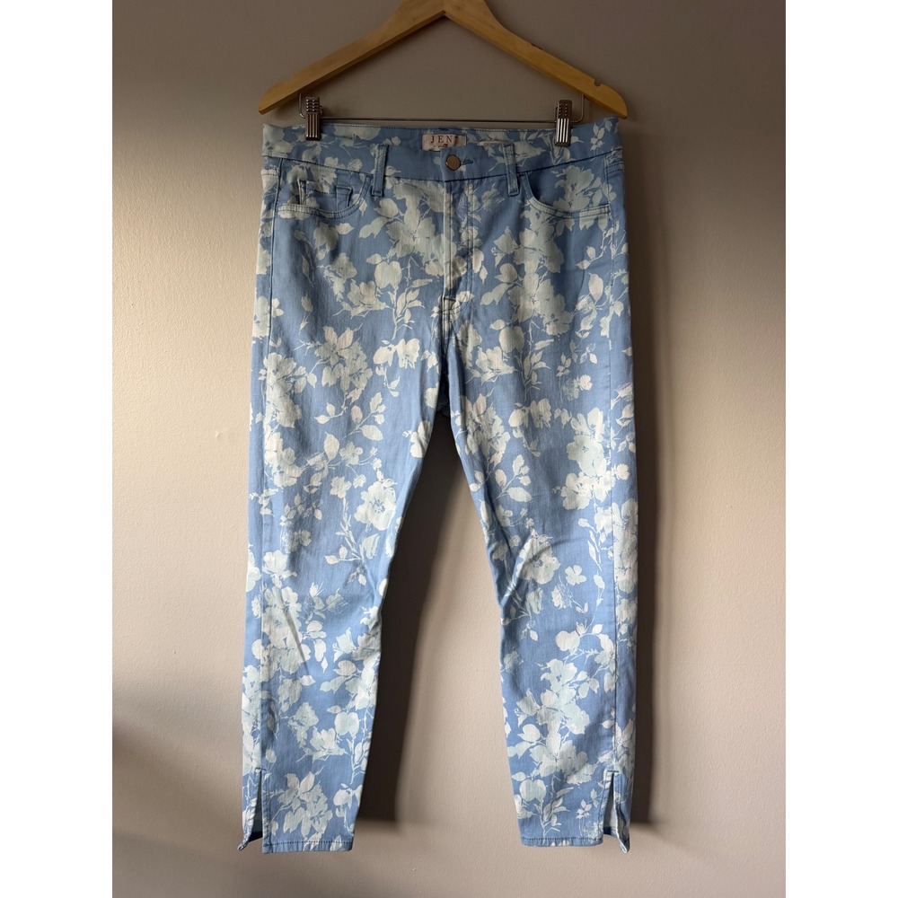 Jen7 by 7 For All Mankind Womens Floral Cropped Skinny Jeans Blue White Size 14